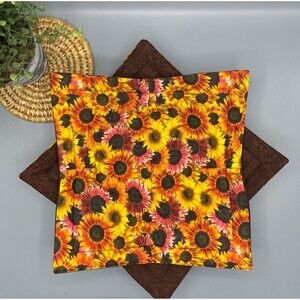 Set of 2 Sunflowers Microwave Dinner Plate Cozy: Reversible, Pink Yellow Brown